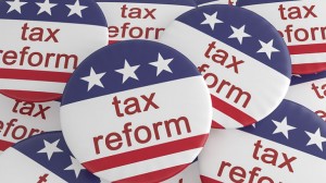 USA Politics News Badge: Pile of Tax Reform Buttons With US Flag, 3d illustration